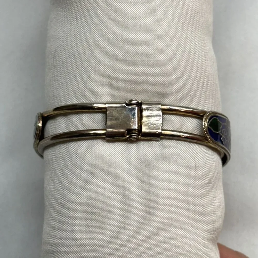 Vintage 80s silver tone blue Cloisonné enamel unicorn Bracelet - Cottagecore